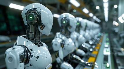 A row of robots standing next to each other on a factory production line, A robot's factory production line in a hyper-automated future, AI Generated