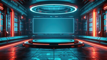 Obraz premium A futuristic room with neon lights and a large, empty screen