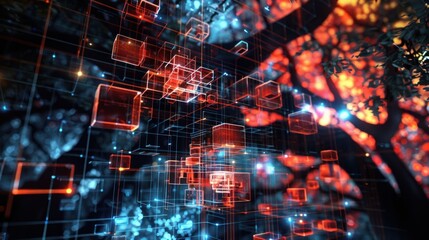 Digital Network Structure with Glowing Orange and Blue Lines