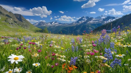 Obraz premium Field of wildflowers and daisies blooming with mountains in the backdrop, A sea of blooming wildflowers spread across a valley with snow-capped mountains in the background, AI Generated