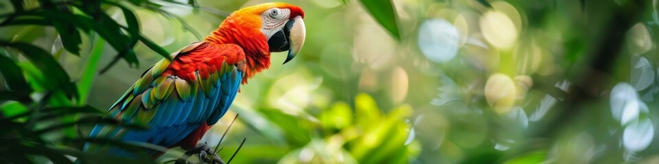 Fototapeta premium High-Resolution AI-Generated Wallpaper of a Majestic Macaw Proudly Perched Amidst Lush Foliage in the Heart of a Tropical Jungle, Capturing the Vibrant Essence of Nature
