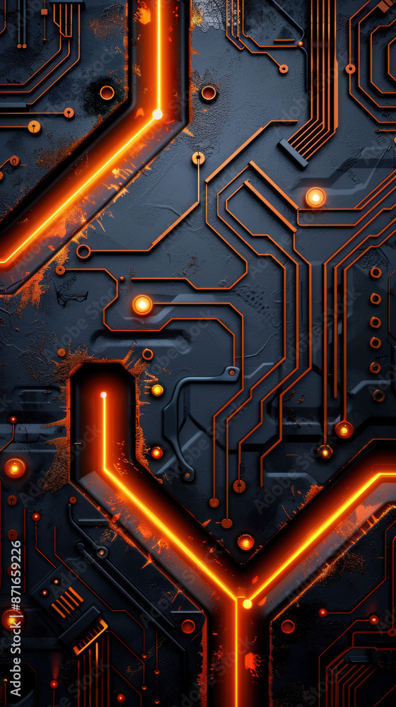 Aufkleber the image is a close up of a circuit board with orange lines and glowing lights