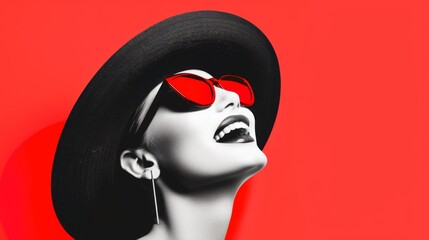 A smiling woman in chic sunglasses and a fashionable on red background