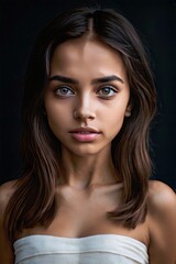 Obraz premium Portrait of a young woman with flawless skin, natural makeup, and long, flowing hair, showcasing beauty and elegance.