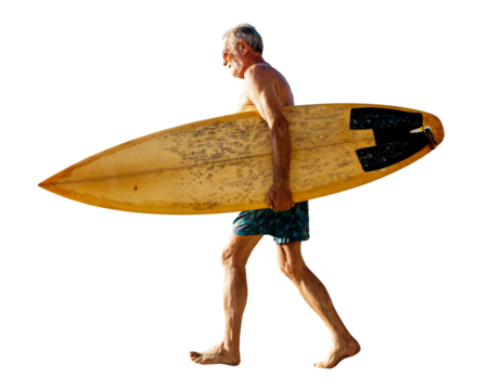 Summer vacation png senior male surfer sticker, transparent background - Powered by Adobe