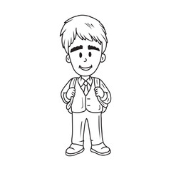 Cute beautiful boy student pupil with backpack is going back to school for learning in uniform - sleeveless and pants. Hand drawn vector sketch illustration in doodle engraved vintage line art style