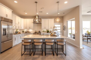 A contemporary kitchen with a large island, bar stools, and stainless steel appliances.
