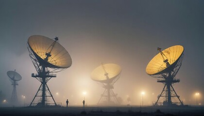 large satellite antennas in foggy weather 

