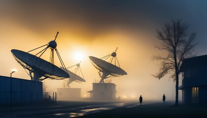 large satellite antennas in foggy weather 
