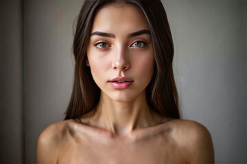 Naklejka premium Portrait of a young woman with flawless skin, natural makeup, and long, flowing hair, showcasing beauty and elegance.