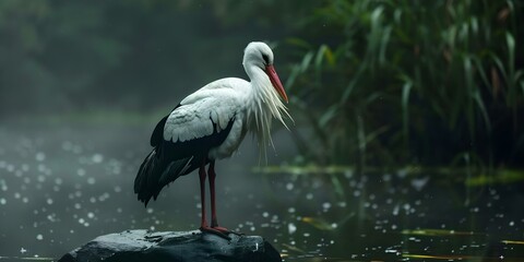 Fototapeta premium Alone in the wild White stork. Concept Wildlife Photography, White Stork, Nature Portrait, Animal Behavior