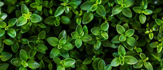 Panoramic close-up, high detail scan of thyme leaves material, Generative AI