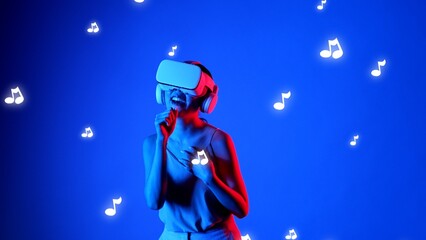 Enjoyment woman singing song wearing VR headset with graphic neon note melody musical modern design...