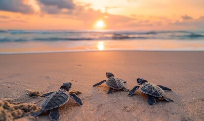 baby sea turtles making their way across a sandy beach at sunrise , Generative AI
