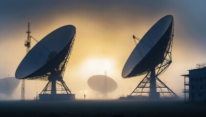 large satellite antennas in foggy weather 
