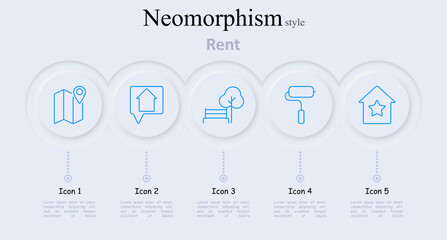 Rent set icon. Map with location pin, speech bubble with house, park bench, paint roller, house with star, real estate rental, home services, outdoor spaces, renovation