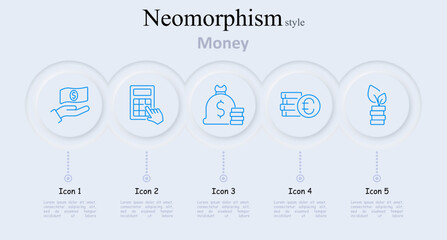 Money set icon. Hand holding money, calculator, money bag, currency exchange, coins with plant, financial management, currency, savings, investment, economy