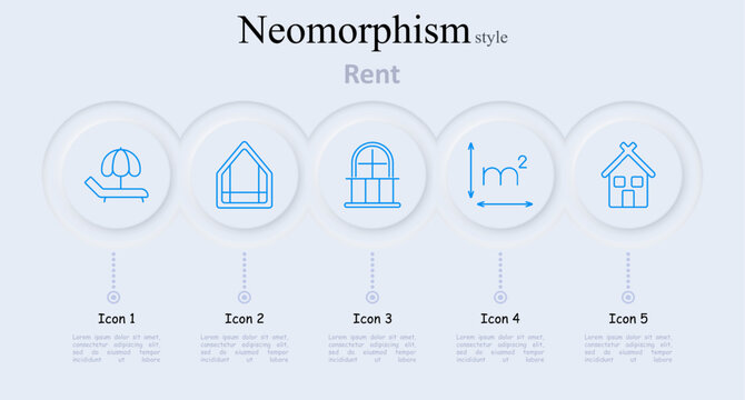 Rent set icon. Beach chair with umbrella, house outline, arched window, square meter symbol, house with windows, property rental, housing market, vacation rental, real estate