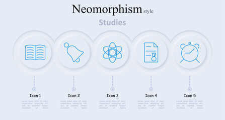 Studies set icon. Open book, bell, atom, certificate, alarm clock, education, academic symbols, learning