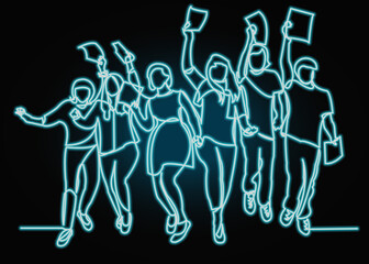 Continuous line drawing of six jumping happy team members.one continuous drawn line from the hand picture silhouette. line art.  with neon vector effect