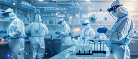 Scientists in protective gear work in a sterile lab.