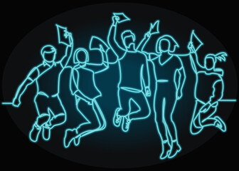 Continuous line drawing of five jumping happy team members.one continuous drawn line from the hand picture silhouette. line art.  with neon vector effect