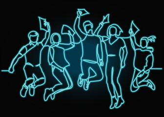 Continuous line drawing of five jumping happy team members.one continuous drawn line from the hand picture silhouette. line art.  with neon vector effect