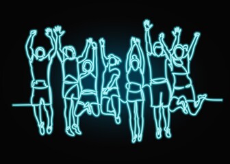 Continuous line drawing of seven jumping happy team members.one continuous drawn line from the hand picture silhouette. line art.  with neon vector effect
