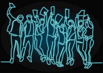 Continuous line drawing of eight  jumping happy team members.one continuous drawn line from the hand picture silhouette. line art.  with neon vector effect