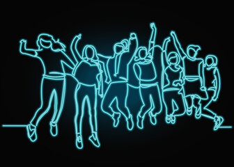 Continuous line drawing of seven jumping happy team members.one continuous drawn line from the hand picture silhouette. line art.  with neon vector effect