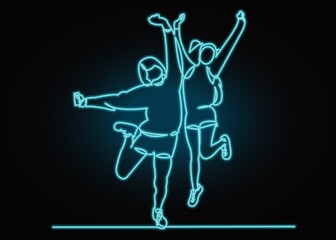 Continuous line drawing of two  jumping happy team members.one continuous drawn line from the hand picture silhouette. line art.  with neon vector effect