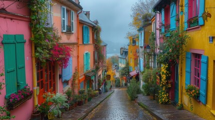 Fototapeta premium A blank canvas captures the essence of EnrouteFrance, with winding cobblestone streets and charming cafes, bustling with life
