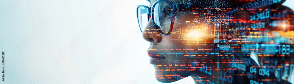 Aufkleber modern workplace technology integration - office worker with computer and digital data on white back