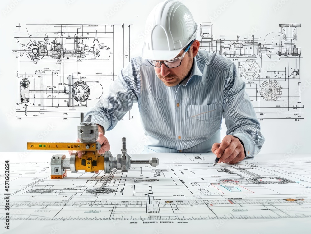 Poster precision engineering: innovative engineer with machinery and technical drawings on white background