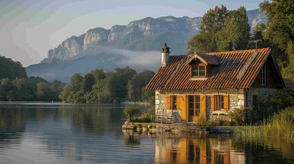 Fototapeta premium EnrouteFrance's tranquil countryside, a blank canvas of serene lakes and charming cottages