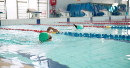Pool, kids and lessons for swimming, water and stroke with swimwear for sport, fun and rave in gym. Fitness, athlete and competition for growth, development and children with speed, cardio and fast