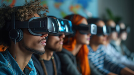 Group of adults in a modern classroom wearing VR headsets, exploring a virtual learning environment with focused expressions