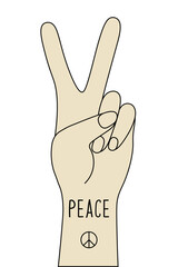 Peace hand symbol or Victory sign gesture isolated on a transparent background. A hand with two fingers raised up and the inscription Peace. Day of Peace. Vector illustration
