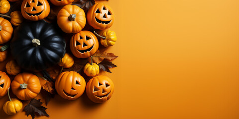 Happy Halloween Holiday Concept For Greeting Card Banner On Orange Background With Copy Space