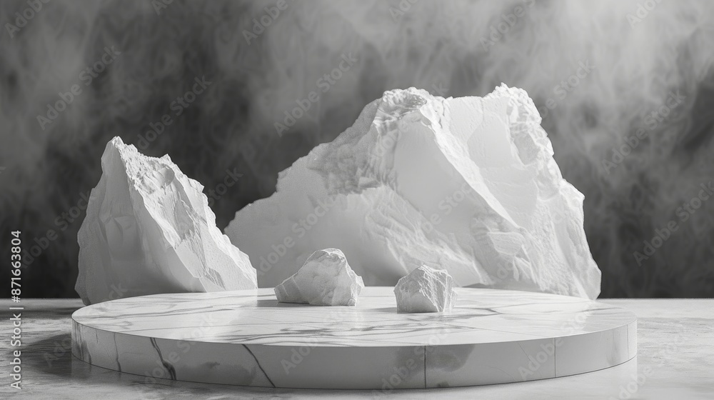 Poster 3d rendering of a product setting podium with rough stone slabs, marble counters, concrete tables an