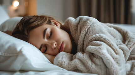 Young beautiful woman sleeps in bed covered with blanket