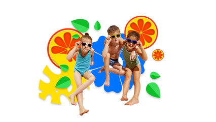 Contemporary art collage. Children in swimsuit an d sunglasses posing against background with abstract floral elements and slices of orange. Concept of hot summer holidays, vacation, friendship.