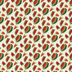 Seamless pattern with watermelon. Summer illustration. Contrasting colors. Simplified shapes and stripes. Vector