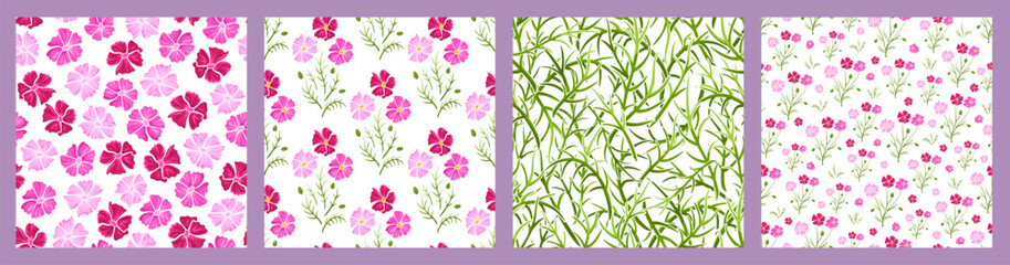 Bright seamless pattern with hot pink cosmea, green leaves and grass on white. A field or meadow of cosmos flowers. Floral hand drawn vector print for interior textile, baby clothes, cute wallpaper.