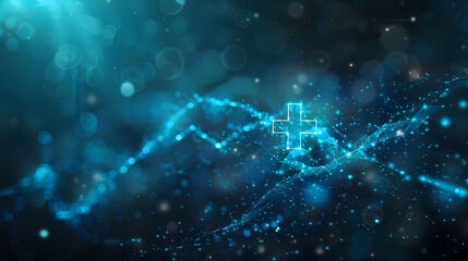 Futuristic medical technology concept with glowing digital health icons and interconnected data points.