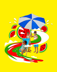 Poster. Contemporary art collage. Girl lounges on chair while hey friend holding umbrella for her surrounded playful watermelon and colorful wave. Concept of summer holidays, adventures, friendship.