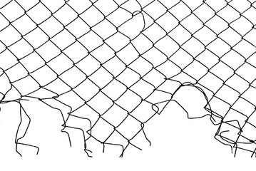 The texture of the metal mesh on a white background. Torn steel, metal mesh with holes