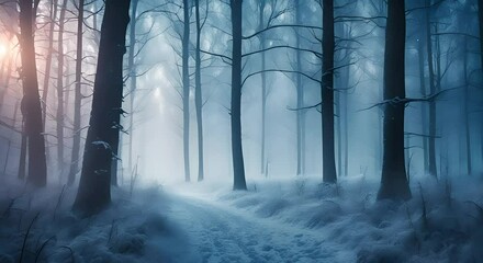 mystical winter forest with snow in dark mysterious forest. seamless looping overlay 4k virtual video animation background - Powered by Adobe