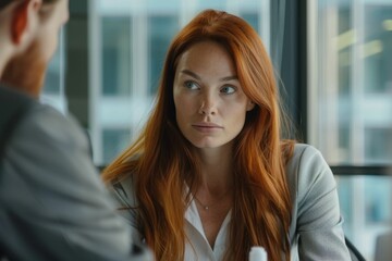 Young red-haired businesswoman in a modern office discussing with a colleague