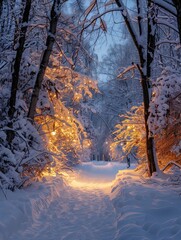 Naklejka premium A magical snowy landscape with glowing lights in the trees, no people, ample copy space